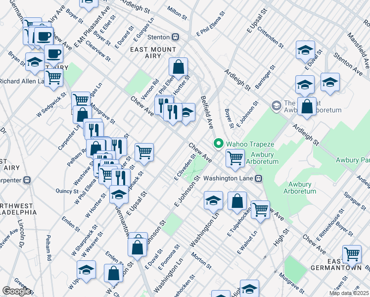 map of restaurants, bars, coffee shops, grocery stores, and more near 366 East Upsal Street in Philadelphia