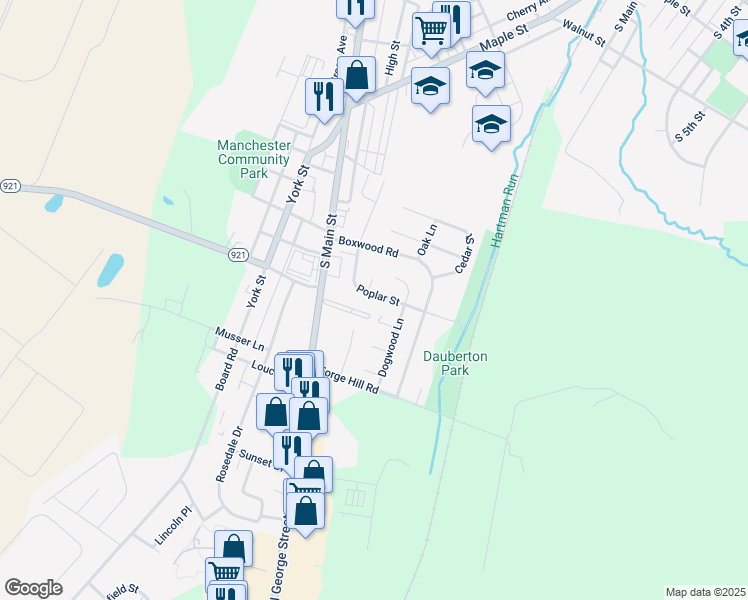 map of restaurants, bars, coffee shops, grocery stores, and more near 100 Poplar Street in Manchester