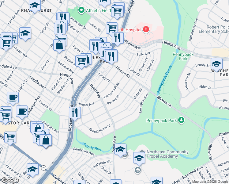 map of restaurants, bars, coffee shops, grocery stores, and more near 7819 Farnsworth Street in Philadelphia
