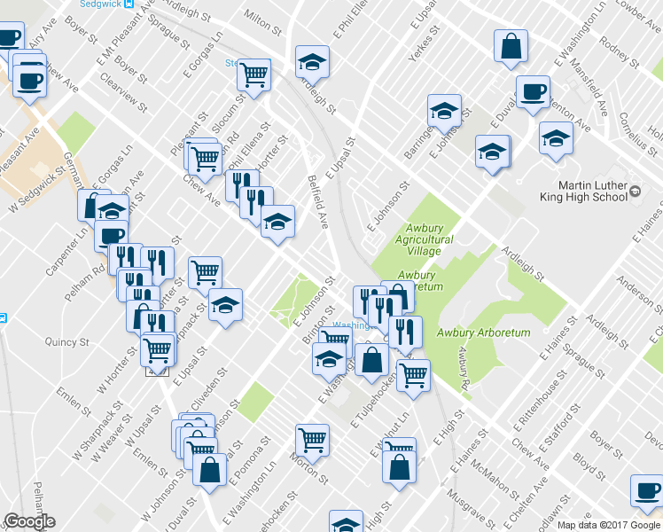 map of restaurants, bars, coffee shops, grocery stores, and more near 6409 Clearview Street in Philadelphia