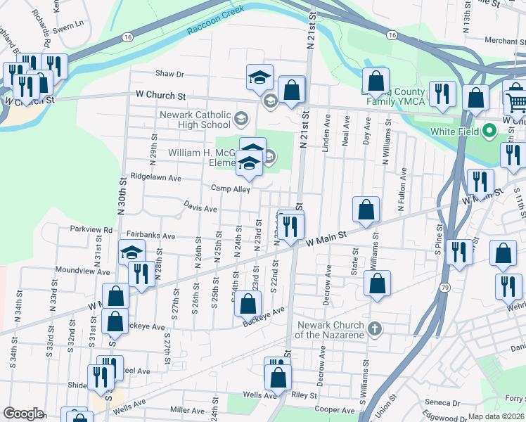 map of restaurants, bars, coffee shops, grocery stores, and more near 76 North 23rd Street in Newark