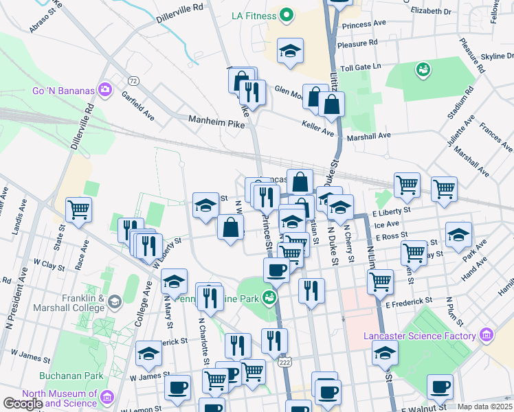 map of restaurants, bars, coffee shops, grocery stores, and more near 1000 U.S. 222 in Lancaster