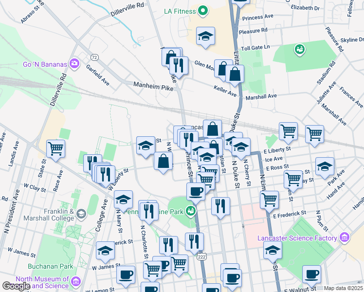 map of restaurants, bars, coffee shops, grocery stores, and more near 1000 North Prince Street in Lancaster