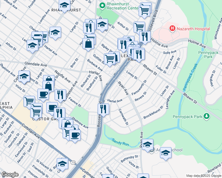 map of restaurants, bars, coffee shops, grocery stores, and more near 7745 East Roosevelt Boulevard in Philadelphia