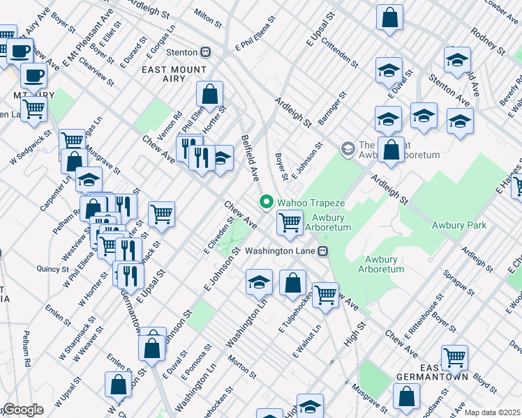 map of restaurants, bars, coffee shops, grocery stores, and more near 6409 Clearview Street in Philadelphia