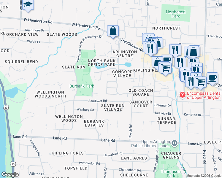 map of restaurants, bars, coffee shops, grocery stores, and more near 2255 Adner Court in Columbus