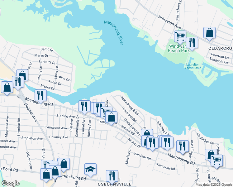 map of restaurants, bars, coffee shops, grocery stores, and more near 17 Metedeconk Road in Brick Township