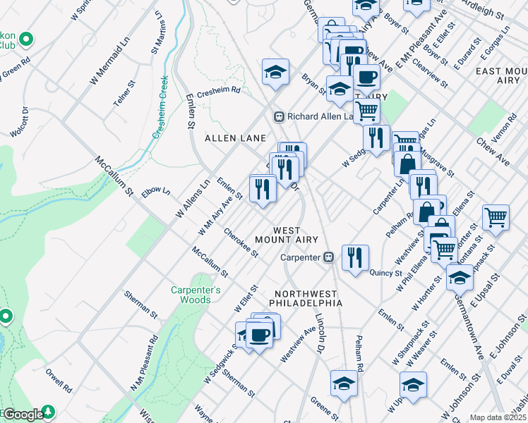 map of restaurants, bars, coffee shops, grocery stores, and more near 7105 Emlen Street in Philadelphia