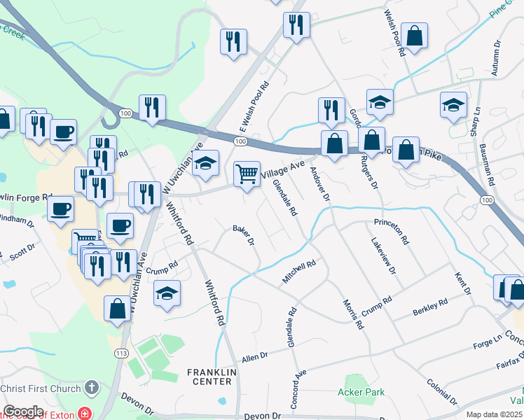 map of restaurants, bars, coffee shops, grocery stores, and more near 117 Village Walk in Exton