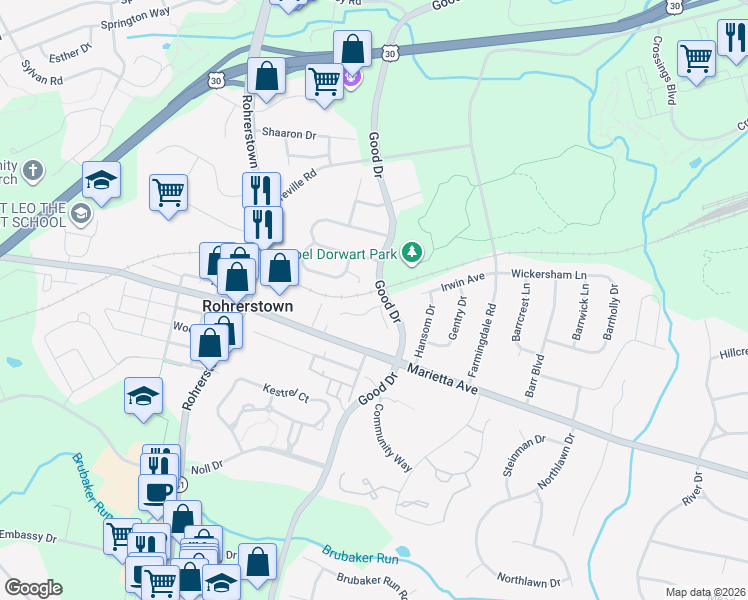 map of restaurants, bars, coffee shops, grocery stores, and more near 103 Springbrook Ct in Lancaster