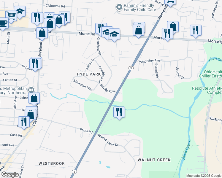 map of restaurants, bars, coffee shops, grocery stores, and more near 2756 Saville Row in Columbus