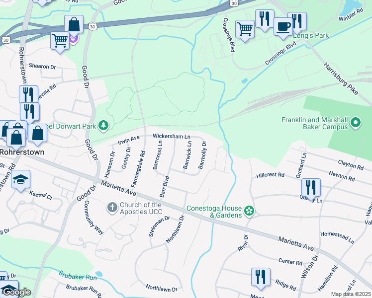 map of restaurants, bars, coffee shops, grocery stores, and more near 772 Barrwick Lane in Lancaster