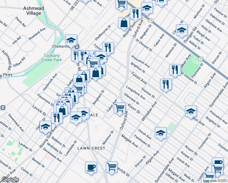 map of restaurants, bars, coffee shops, grocery stores, and more near 627 Knorr Street in Philadelphia