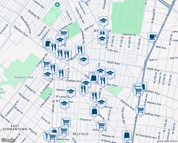 map of restaurants, bars, coffee shops, grocery stores, and more near 6441 North 20th Street in Philadelphia