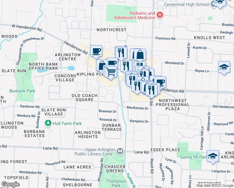 map of restaurants, bars, coffee shops, grocery stores, and more near 1938 Aberdeen Drive in Upper Arlington