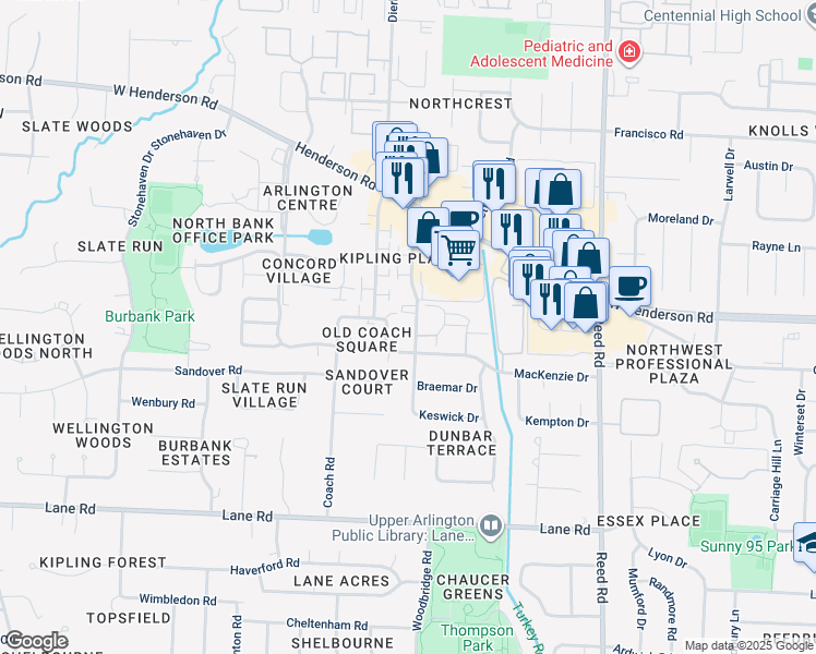 map of restaurants, bars, coffee shops, grocery stores, and more near 4751 Nugent Drive in Upper Arlington