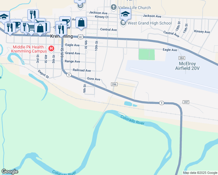 map of restaurants, bars, coffee shops, grocery stores, and more near 1019 Gore Avenue in Kremmling