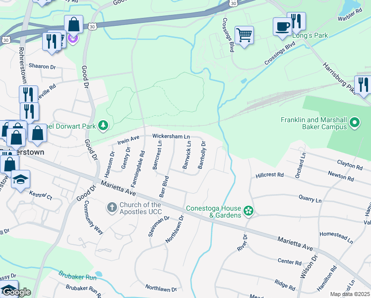 map of restaurants, bars, coffee shops, grocery stores, and more near 772 Barrwick Lane in Lancaster