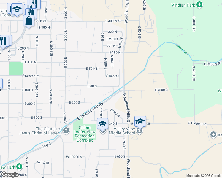 map of restaurants, bars, coffee shops, grocery stores, and more near 88 South 850 East in Salem