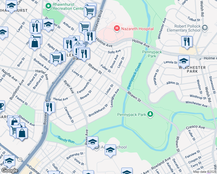 map of restaurants, bars, coffee shops, grocery stores, and more near 7920 Lister Street in Philadelphia