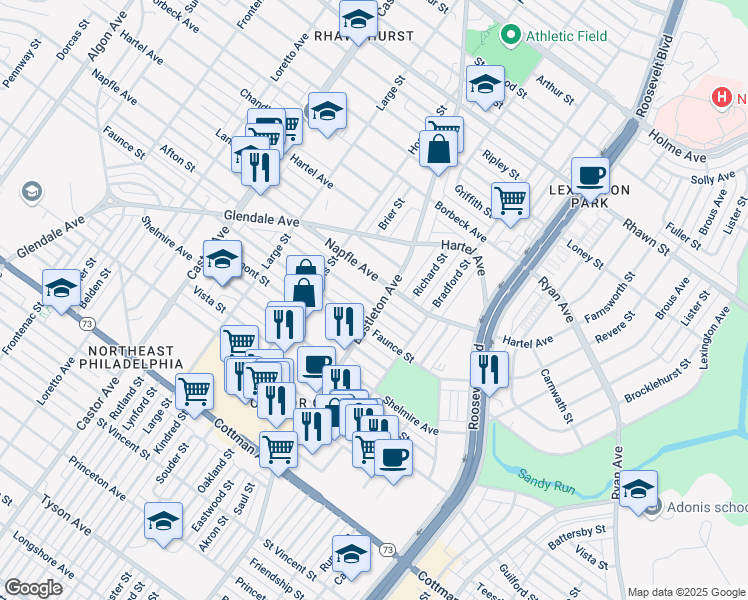 map of restaurants, bars, coffee shops, grocery stores, and more near 7600 Bustleton Avenue in Philadelphia