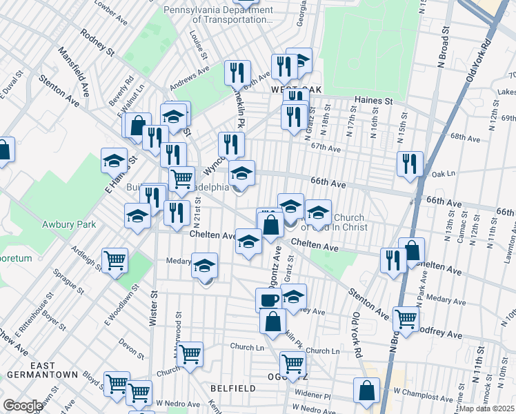 map of restaurants, bars, coffee shops, grocery stores, and more near 6441 North 20th Street in Philadelphia