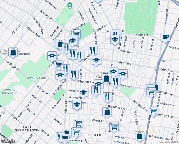map of restaurants, bars, coffee shops, grocery stores, and more near 2054 Stenton Avenue in Philadelphia
