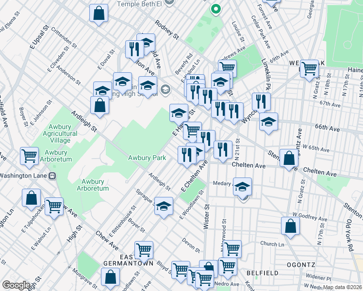 map of restaurants, bars, coffee shops, grocery stores, and more near 5837 Stockton Road in Philadelphia