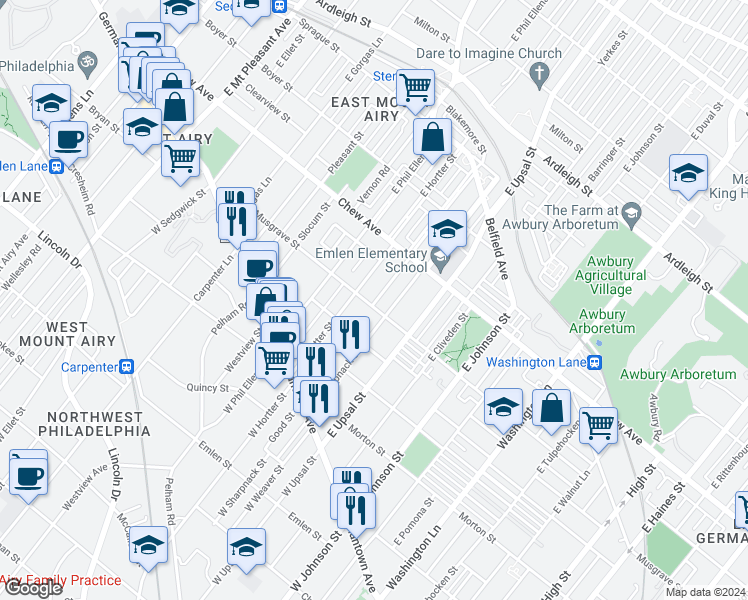 map of restaurants, bars, coffee shops, grocery stores, and more near 6634 Musgrave Street in Philadelphia