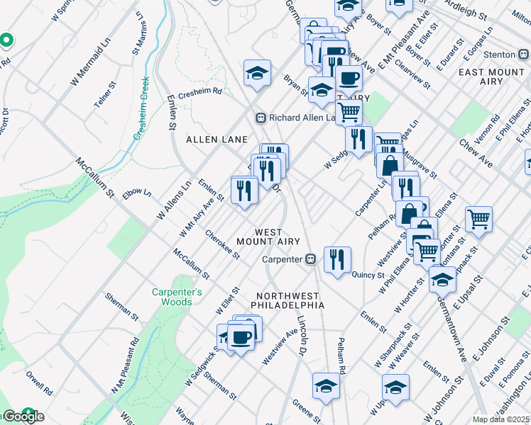 map of restaurants, bars, coffee shops, grocery stores, and more near 331 Glen Echo Road in Philadelphia