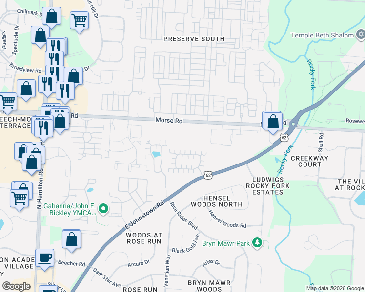map of restaurants, bars, coffee shops, grocery stores, and more near 765 Windward Lane in Gahanna