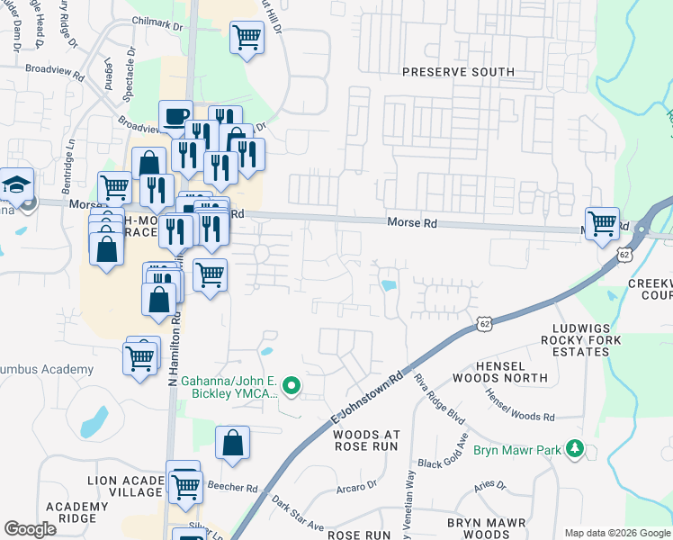 map of restaurants, bars, coffee shops, grocery stores, and more near 599 Buckthorn Way in Gahanna