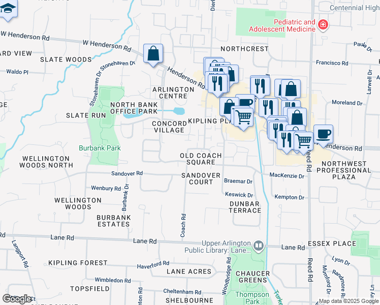 map of restaurants, bars, coffee shops, grocery stores, and more near 4751 Coach Road in Columbus