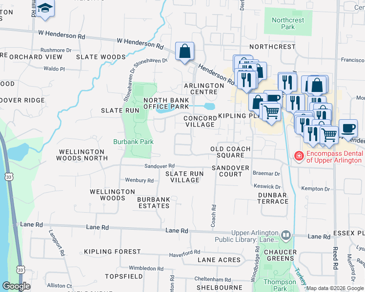 map of restaurants, bars, coffee shops, grocery stores, and more near 2255 Adner Court in Columbus