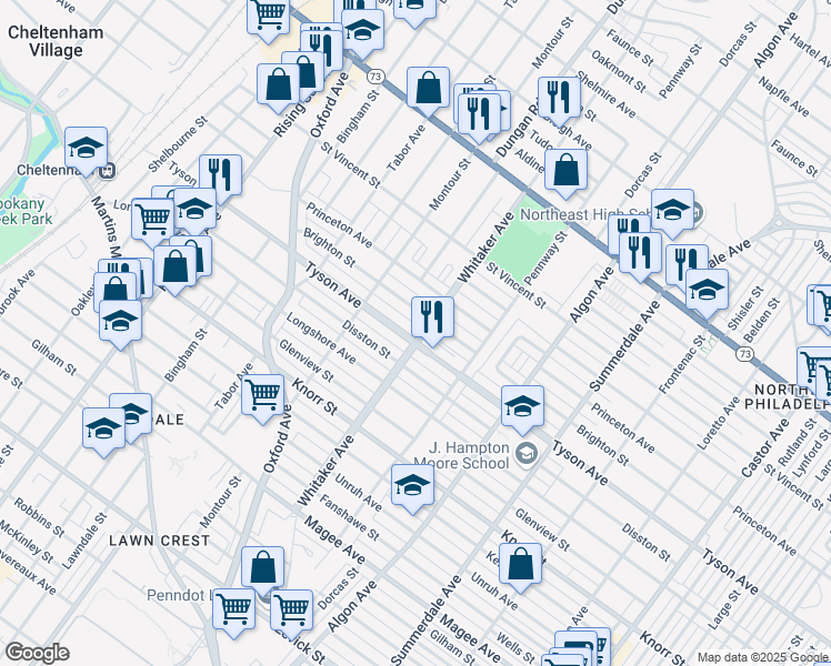 map of restaurants, bars, coffee shops, grocery stores, and more near 851 Tyson Avenue in Philadelphia