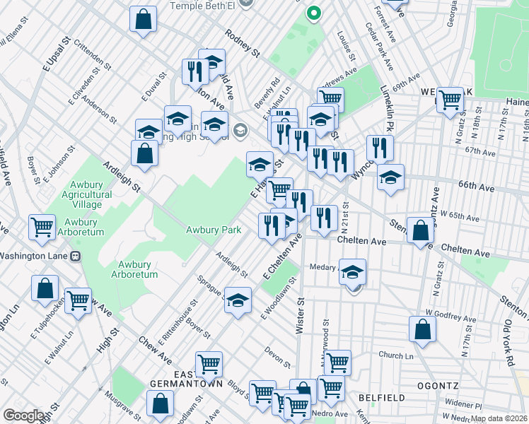 map of restaurants, bars, coffee shops, grocery stores, and more near 5837 Stockton Road in Philadelphia