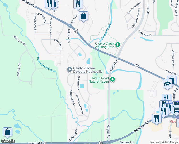map of restaurants, bars, coffee shops, grocery stores, and more near 18258 Benton Oak Drive in Noblesville