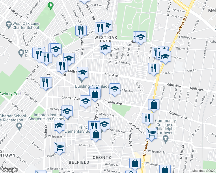map of restaurants, bars, coffee shops, grocery stores, and more near 6501 North Gratz Street in Philadelphia