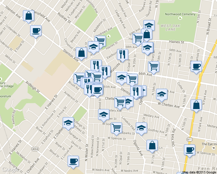 map of restaurants, bars, coffee shops, grocery stores, and more near 2093 65th Avenue in Philadelphia