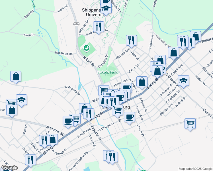 map of restaurants, bars, coffee shops, grocery stores, and more near 119 North Earl Street in Shippensburg
