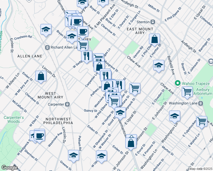 map of restaurants, bars, coffee shops, grocery stores, and more near 6745 Germantown Avenue in Philadelphia