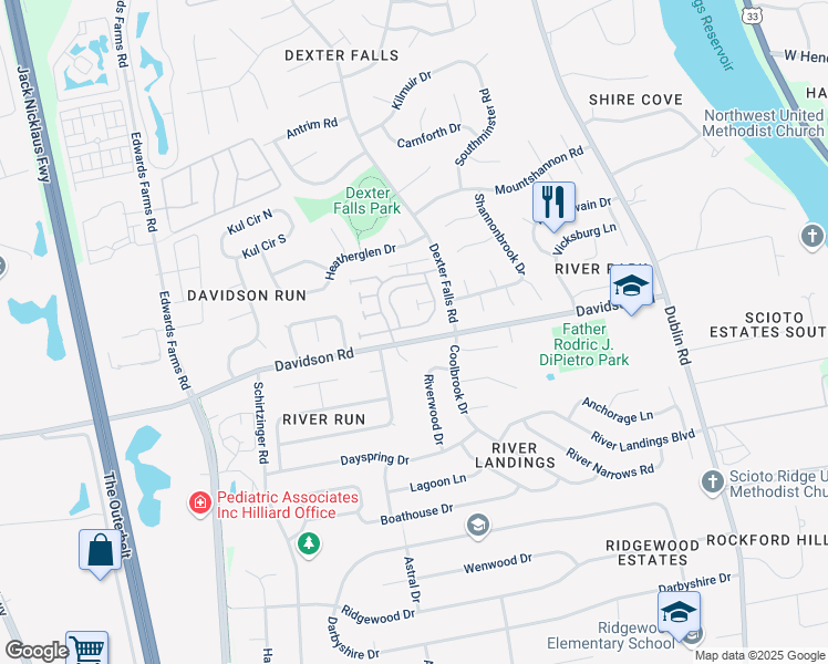 map of restaurants, bars, coffee shops, grocery stores, and more near 4872 Dublin Falls in Columbus
