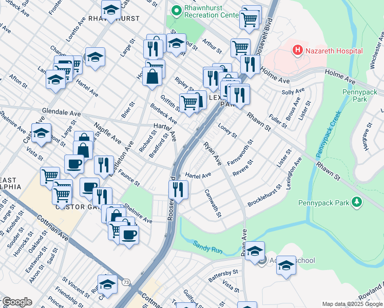 map of restaurants, bars, coffee shops, grocery stores, and more near 7749 East Roosevelt Boulevard in Philadelphia