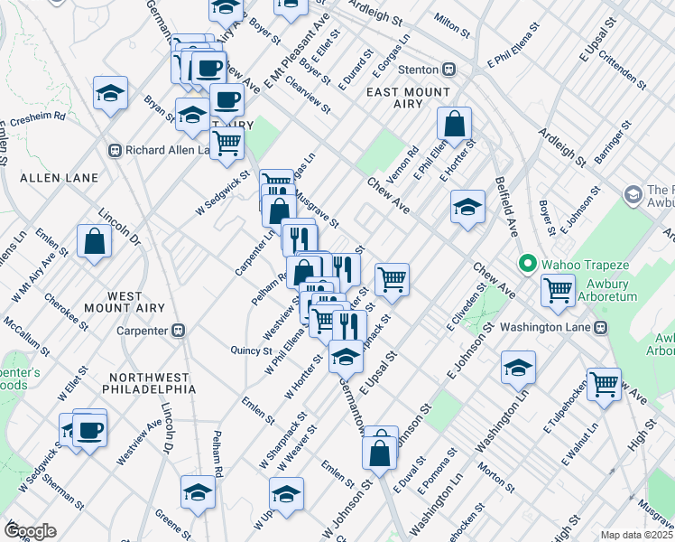 map of restaurants, bars, coffee shops, grocery stores, and more near 71 East Phil Ellena Street in Philadelphia