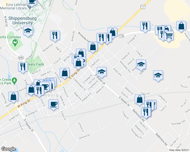 map of restaurants, bars, coffee shops, grocery stores, and more near 108 South Queen Street in Shippensburg