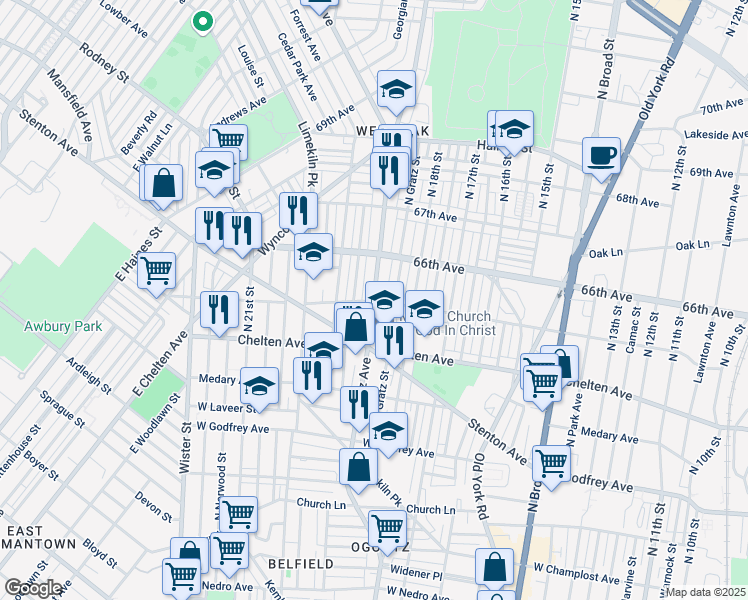 map of restaurants, bars, coffee shops, grocery stores, and more near Ogontz Ave & 65th Ave in Philadelphia