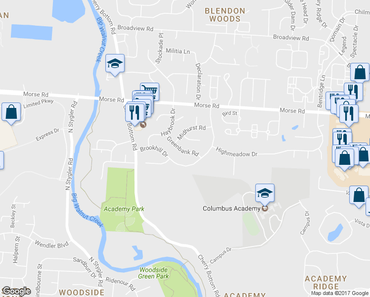 map of restaurants, bars, coffee shops, grocery stores, and more near 164 Greenbank Road in Columbus