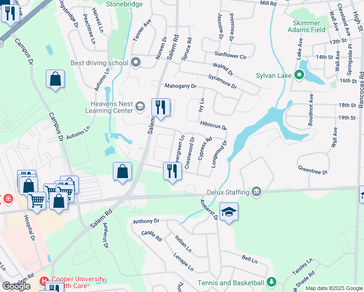map of restaurants, bars, coffee shops, grocery stores, and more near 23 Evergreen Lane in Burlington