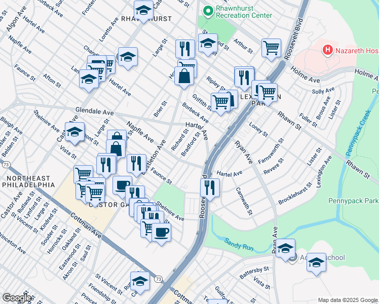 map of restaurants, bars, coffee shops, grocery stores, and more near 7715 Bradford Street in Philadelphia