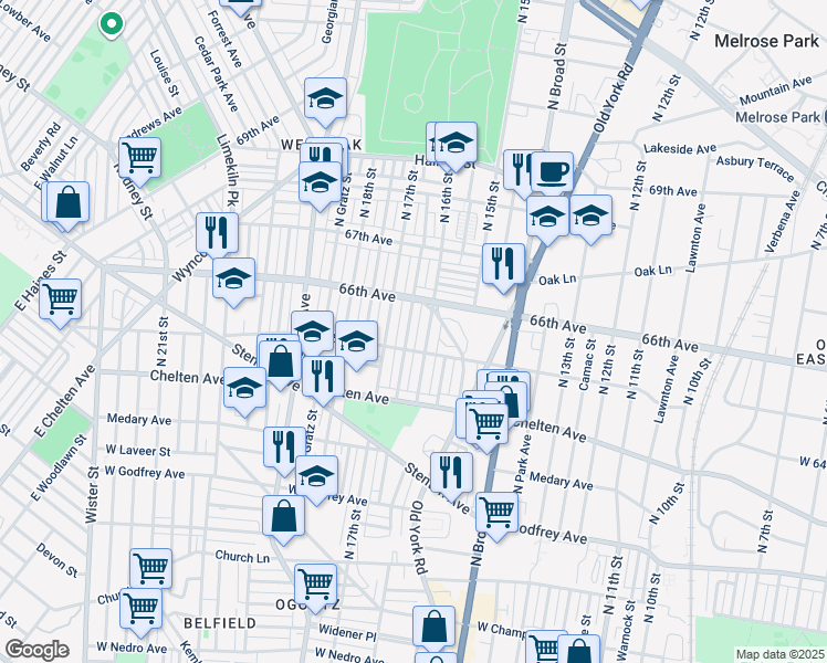 map of restaurants, bars, coffee shops, grocery stores, and more near 6521 North Smedley Street in Philadelphia